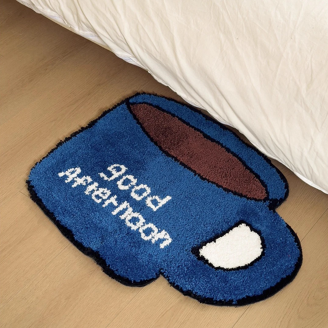 Cute Tufting Blue Cup Bathroom Mat Soft Tufted Letters Bedroom Carpet Bedside Rug Floor Anti Slip Foot Pad Aesthetic Home Decor