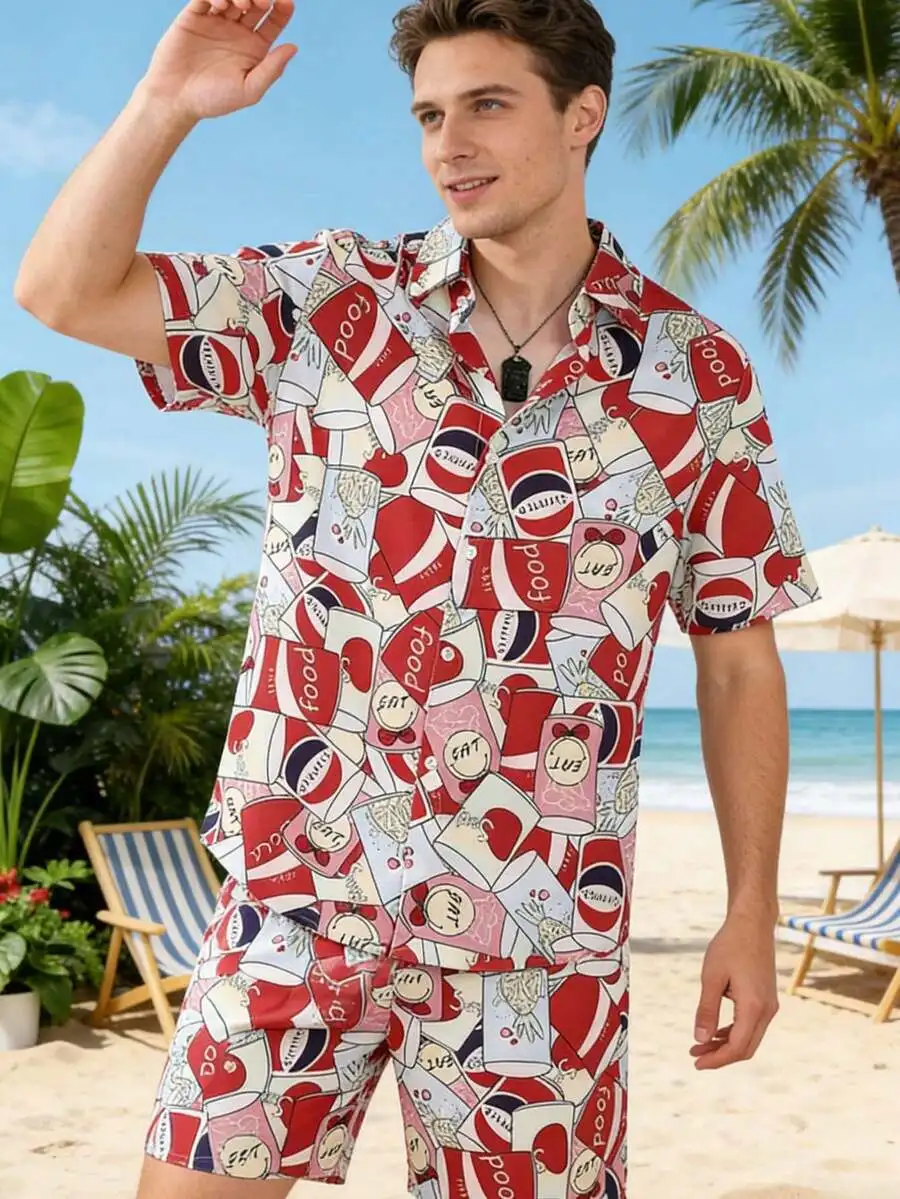 

Mens Printed Short Sleeve Shirt And Shorts Set Summer Beach Casual Outfit