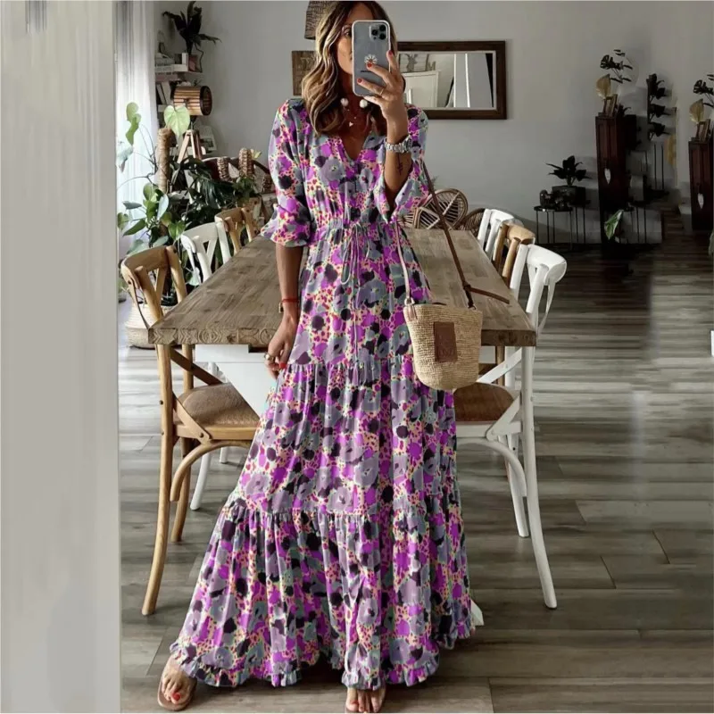 Abiti lunghi stampati di nuova moda da donna Sexy scollo a V mezza manica con lacci in vita Splic Boho Abiti casual per invitati al matrimonio Autunno