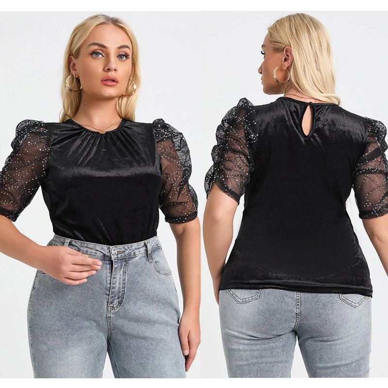 

Женская летняя повседневная футболка больших размеров, кружевная блузка, топ Street Sle, круглый Ne ort Sve, прямой крой, полиэфирное волокно