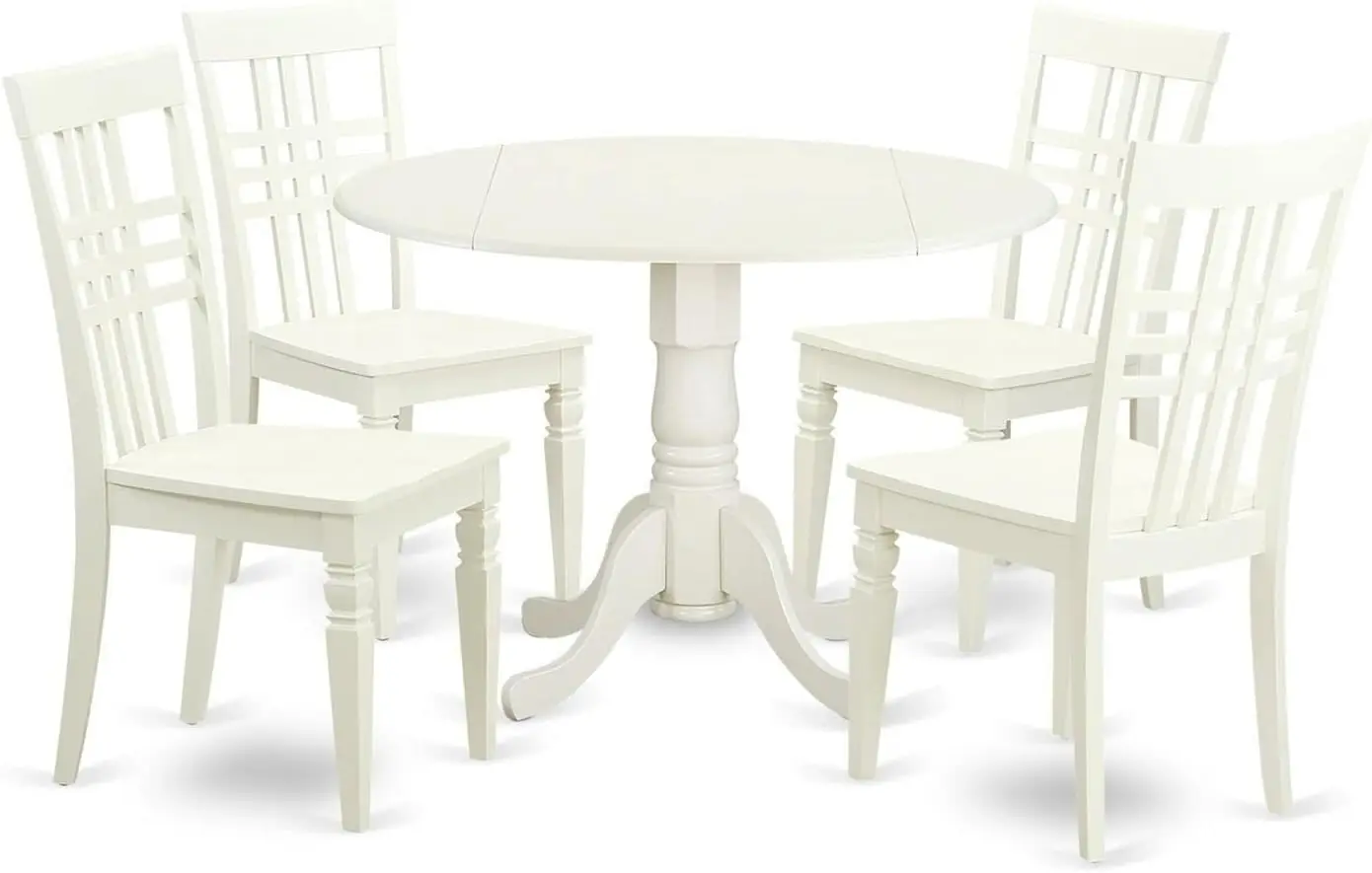 

East West Furniture DLLG5-LWH-W 5 Piece Room Furniture Set Includes a Round Dining Table with Dropleaf and 4 Wood Seat Chairs