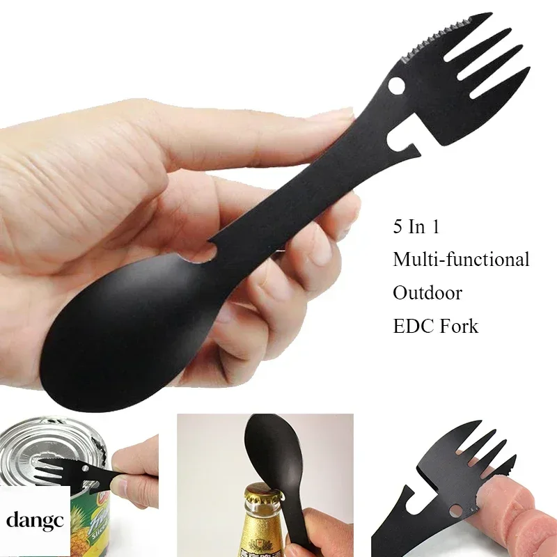 5 In 1 Outdoor Camping Multi Functional EDC Survival Kit Fork Knife Spoon Bottle Can Opener Practical Gear Set