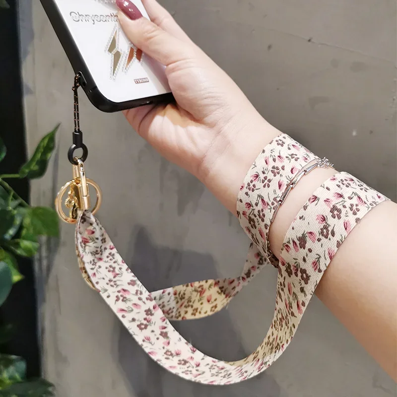 Summer Flower Print Silk Phone Lanyard Strap For iphone redmi samsung Camera Mobile Phone ID Card Long Hanging Rope String