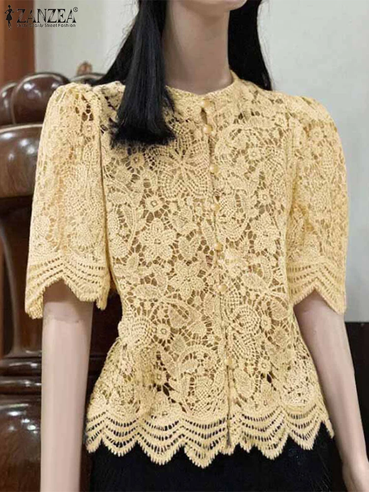 2025 ZANZEA Camisa de encaje de verano de ganchillo, blusa de trabajo elegante para mujer, Blusas informales de media manga con cuello redondo, Tops elegantes de retazos para vacaciones