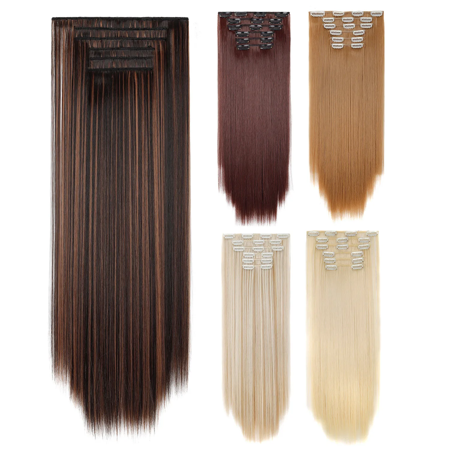 Jeedou 6Pcs/Set Clip-in Hair Extensions Long Straight Hair for Full Head Blonde Brown Mixed Color Synthetic Hairpiec for Women