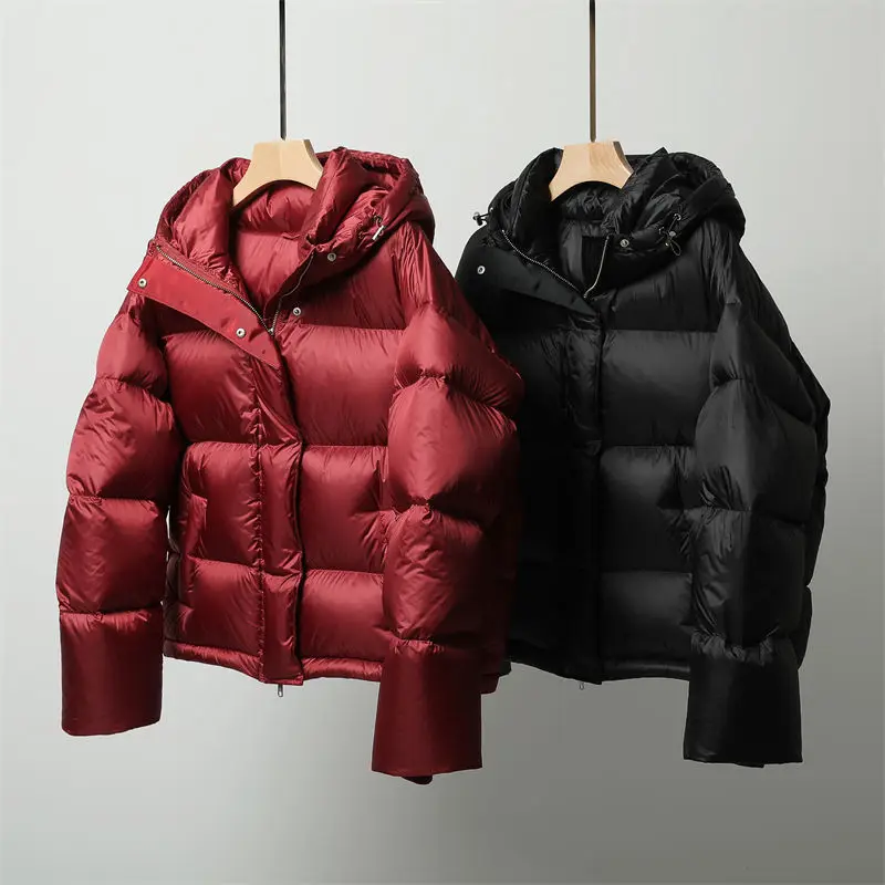 Red Cotton Clothes Women's 2025 Autumn and Winter Hooded High-end Silhouette Small Short Thickened Warm