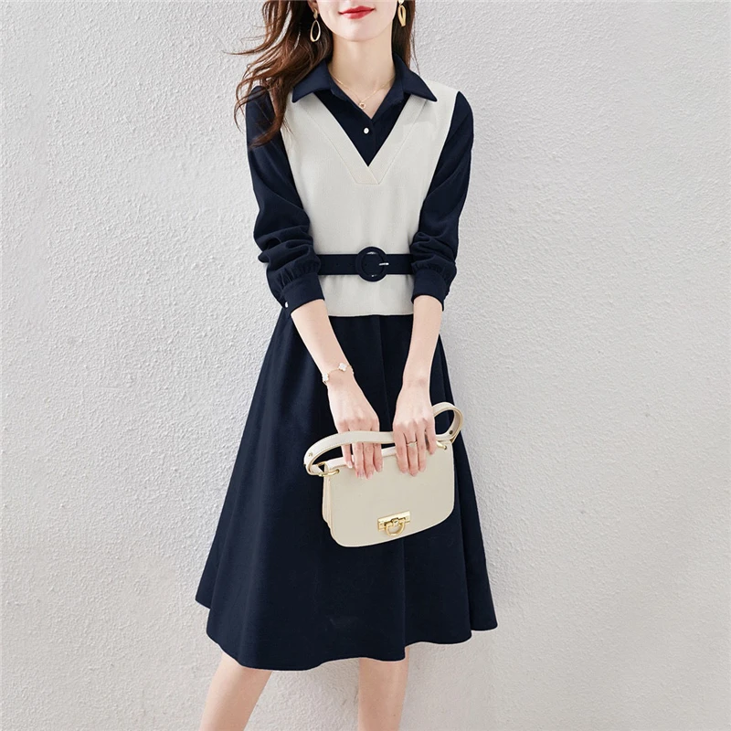 Women\'s Rib Knit Vest Patchwork Belt Chic Elegant Party Dresses Korean Fashion Office Lady Long Sleeve Slim Midi Dress Vestidos