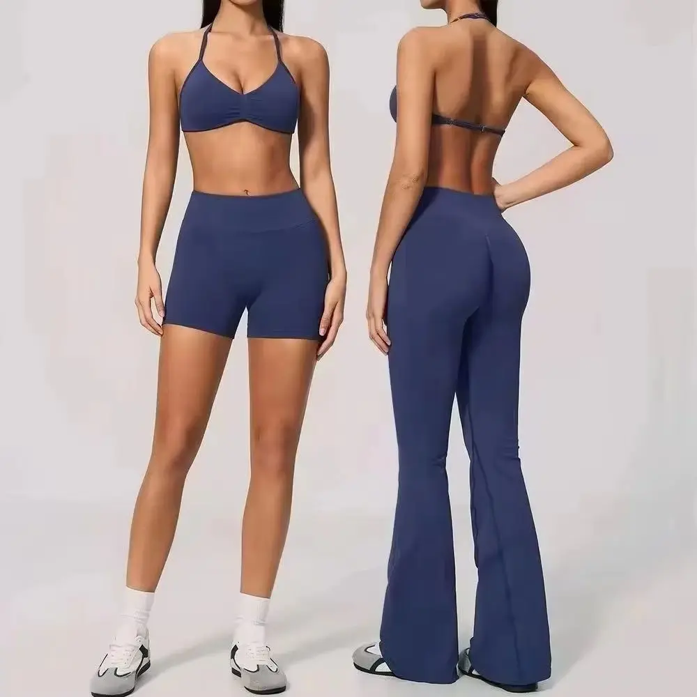 Seamless Ribbed 2 Piece Yoga Set Women Halter Bra Scrunch Butt Pants Shorts Fitness Pilates Gym Athletic Wear Workout Training