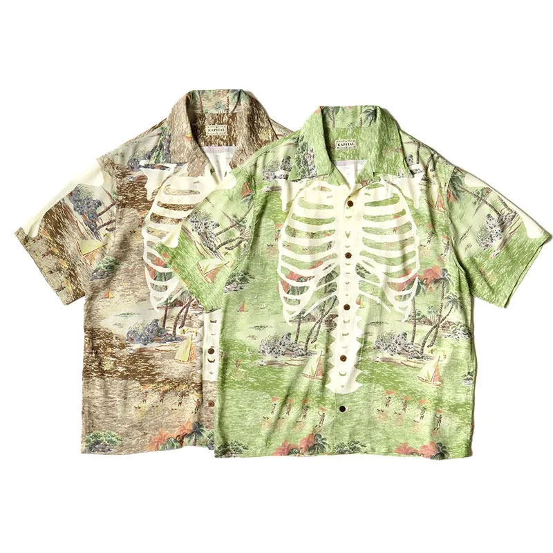 

KAPITAL 23SS Kazuhiro Hirata Japanese Casual Bone Hawaiian Print Cuban Collar Loose Short-sleeved Shirt