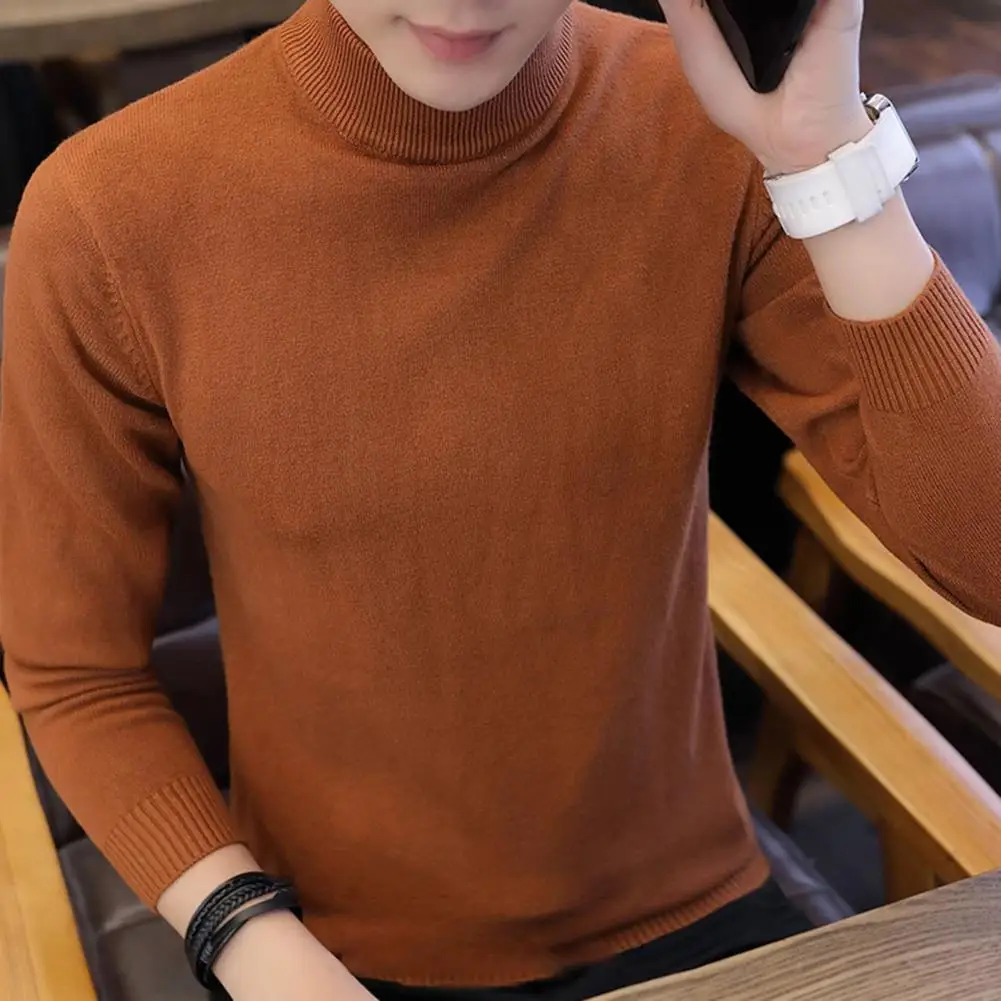 Men Solid Color Sweater Men's Turtleneck Sweater with Fleece Lining Solid Color Knitting Tops Slim Fit Pullover for Autumn