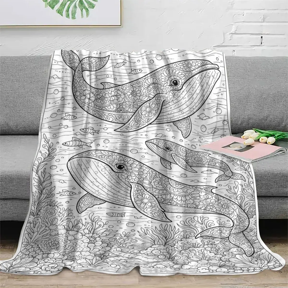 Whale Ocean Watercolor Animals Tapestry Blanketed Boho Nautical Beach Drawing Cartoon Wall Decor Gift for Bedroom Living Room