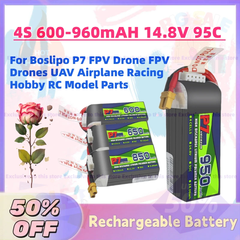 

High-Quality 4S 600-960mAH 14.8V 95C LiPo Battery for Boslipo P7 FPV Drone FPV Drones UAV Airplane Racing Hobby RC Model Parts