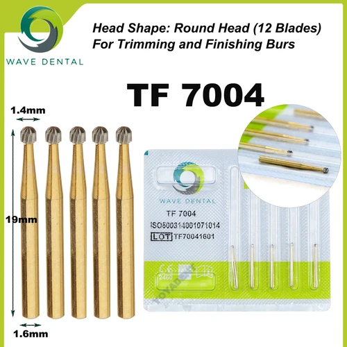 Imagen 2 del producto Fresas dentales WAVE, fresas de carburo de tungsteno, recorte y acabado chapados en oro, serie TF de 12 hojas para pieza de mano de alta velocidad, 5 unidades por paquete