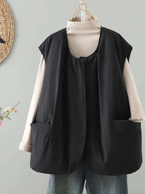 

Thiened Warmth Svel Jaet женский простой круглый жилет Ne Design большого размера зимняя верхняя одежда повседневная мода