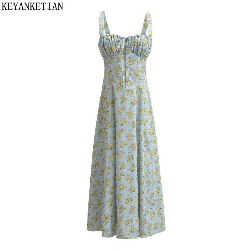 KEYANKETIAN-vestido MIDI ajustado con estampado de flores para mujer, vestido de verano con lazo y cuello oblicuo, estilo Pastoral, 2024