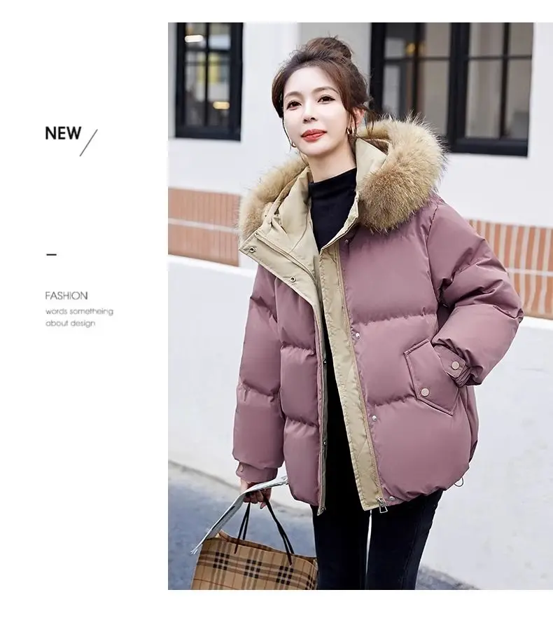 Down Cotton Jacket For Women Short Thickened 2026 Winter New Big Fur Collar Loose Cotton Coat Women's Warm Hooded Jackets Parker