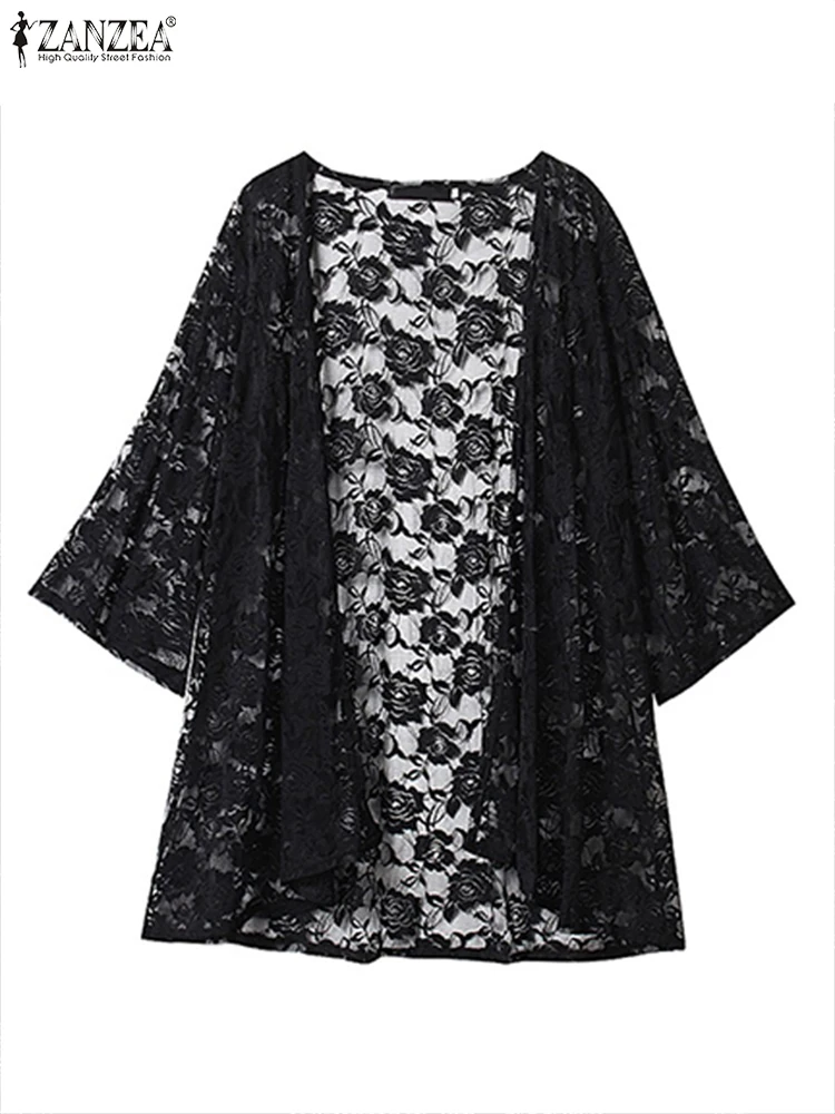 Cardigan aperto sul davanti per le vacanze alla moda 2025 ZANZEA Camicie estive in pizzo all'uncinetto Camicetta da donna Casual Manica 3/4 Copricostume da spiaggia Top