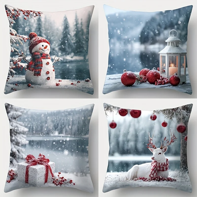 4pcs Christmas-Themed Pillow Covers – Snowman and Reindeer Design Ideal for Everyday Gatherings Holiday Events and Home Decor