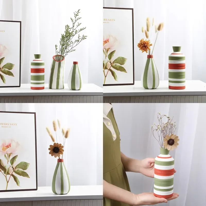 High Quality Hand Painted Ceramic Vase Modern Nordic Geometric Lines Tabletop Decoration for Home Sample Room