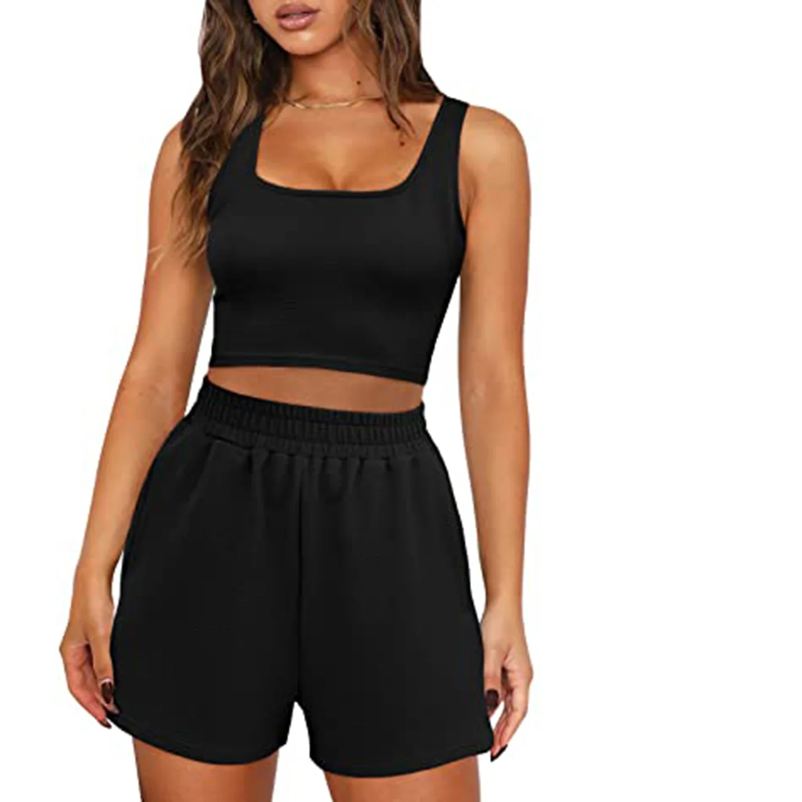 Women Short Sets Summer Square Neck Vest Crop Tops + Shorts 2pcs Casual Clothes Sets Sports Jogging Suit Workout Clothes