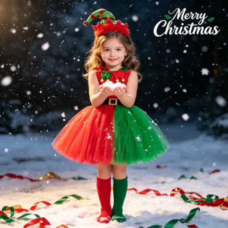 Christmas Elf Tutu Dress for Kids, Red and Green Dress Set for Girls, Perfect for Christmas, New Year and Carnival Parties