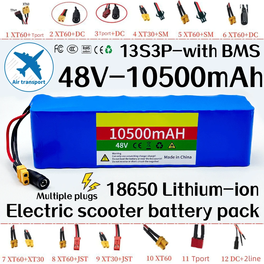 

Original 48V Rechargeable battery 48V 10.5Ah 1000W 13S3P 18650 lithium-ion battery pack for 54.6V electric scooters with BMS