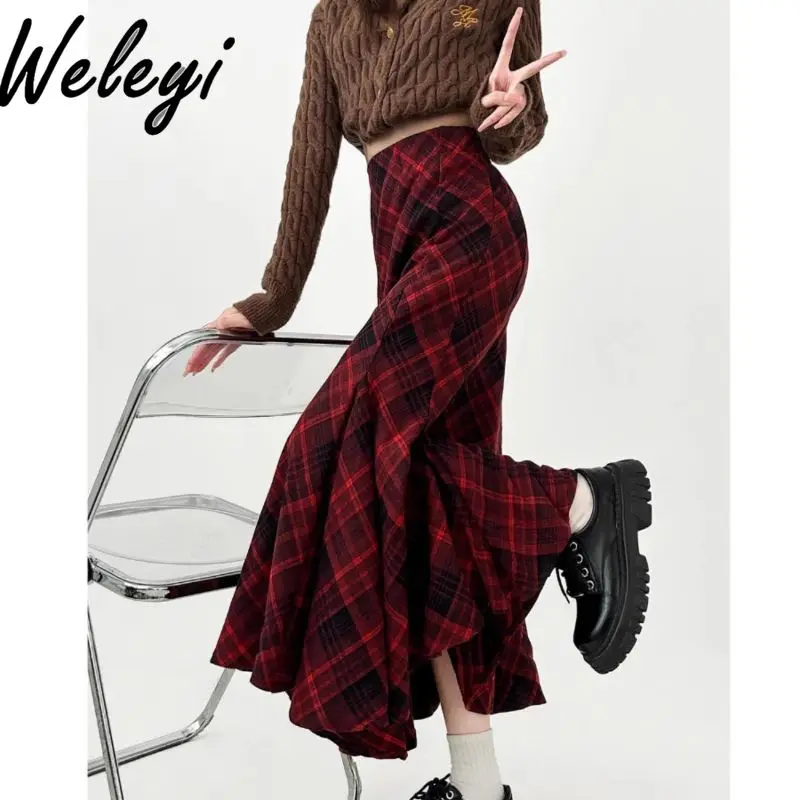 

Elegant Woolen Plaid Long Skirt Woman Autumn and Winter New Vintage Red High Waist A-line Fishtail Long Plaid Maxi Skirts Ladies