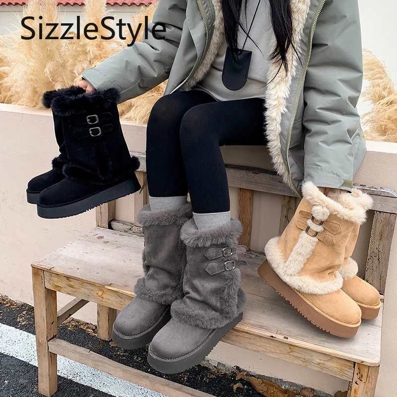 

Stylish Round-toe Suede Minimalist Patchwork Belt Buckle Thickened Warm Platform Winter Women's Snow Boots