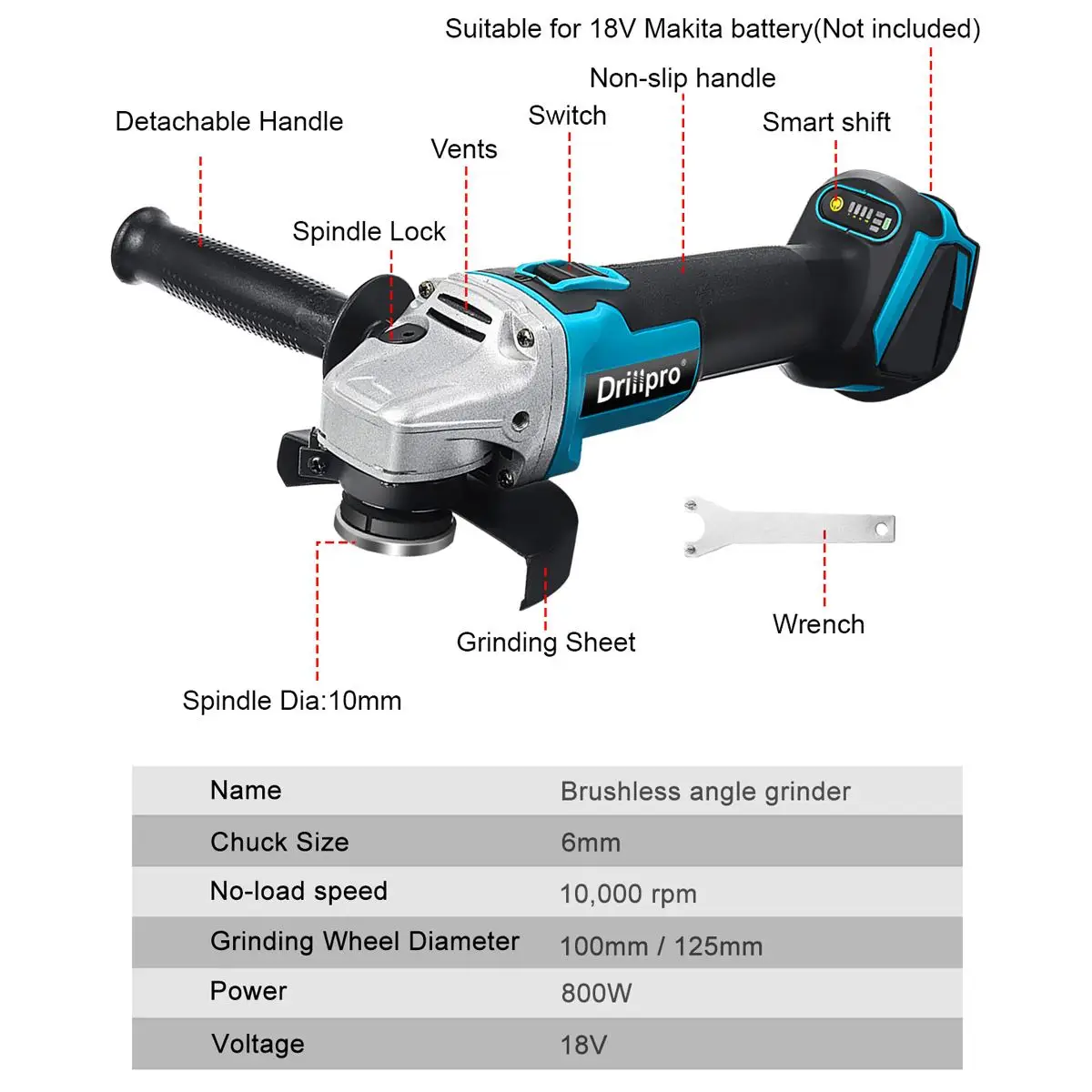 Drillpro 브러시리스 앵글 연마기, 마키타 배터리 전원용 무선 전기 임팩트 목재 절단 디스크, 125mm, 18V, 10000RPM, 4 단