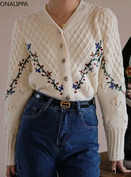 Onalippa Vintage Embroidery Hook Flower Knitted Cardigan V Neck Slouchy Style Puff Long Sleeves Cardigans French Chic Sweater