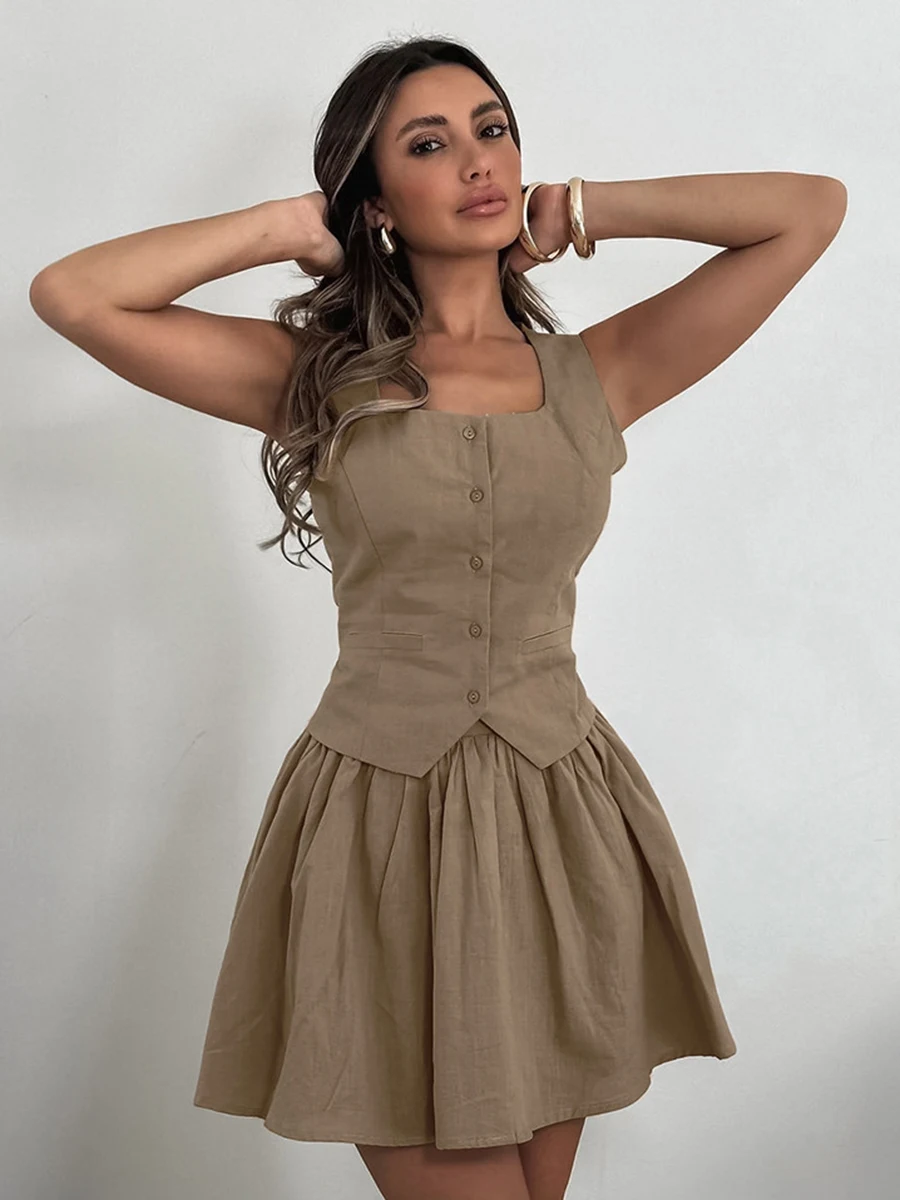 

Khaki A-line Mini Skirt 2 Piece Set Women Square Collar Single Breasted Skim Tank Top Summer Simple Casual Fashion Skirts Sets