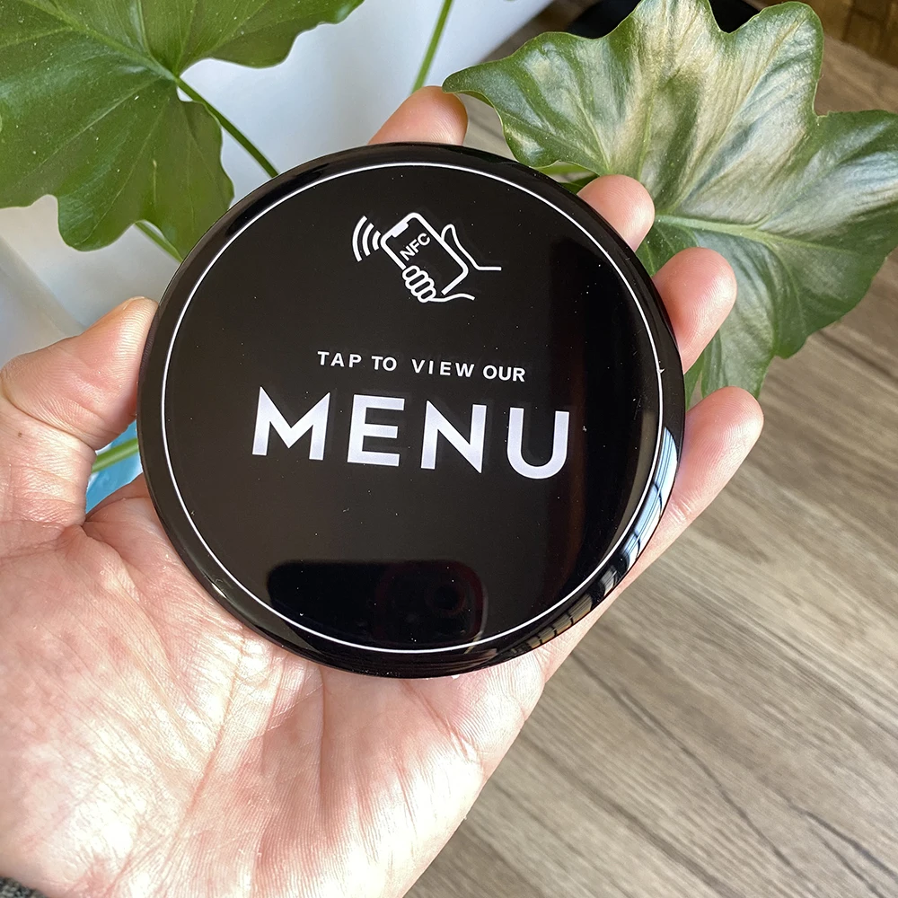 3.93inch Round Shape Black White NFC Menu Plate Sticker Quick link to your Digital Menu