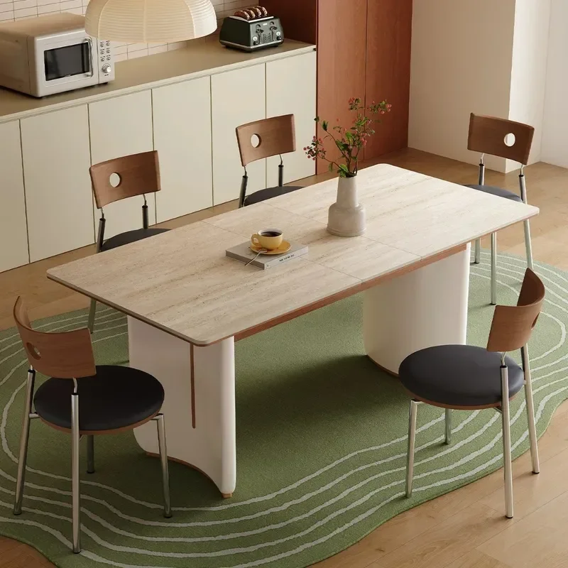 Medieval Solid Wood Rock Slab Dining Table Retractable Rectangular Extendable Table for Small Apartment Home Cream Style 2026