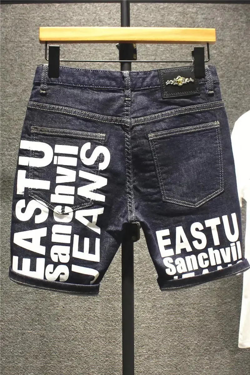 Jeans coreano estampado em letras slim masculino, moda luxo, vaqueiro clássico, azul casual, rua do namorado, verão, novo, 2023