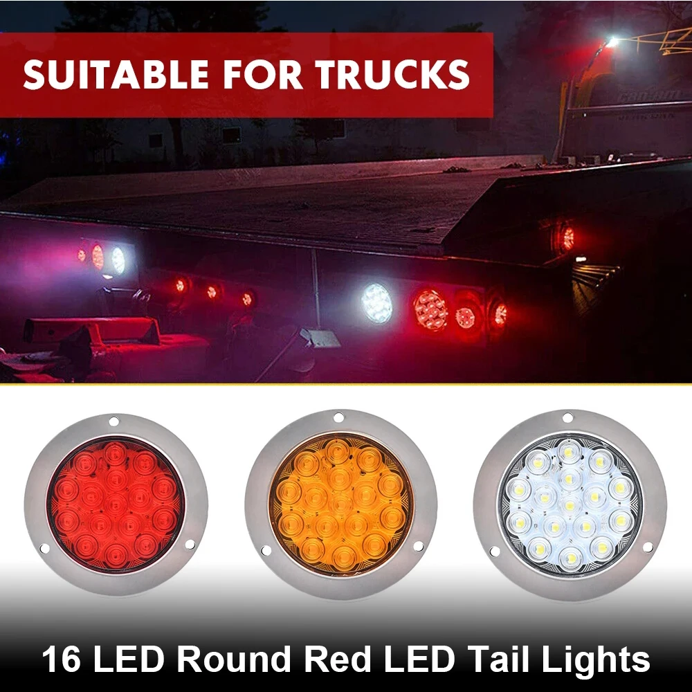 4 inch 16 LED Round Red LED Tail Lights Amber Turn Signal Lamp Car Stop Brake Turn Tail Light for Jeep Truck Pickup 4×4 12V 24V