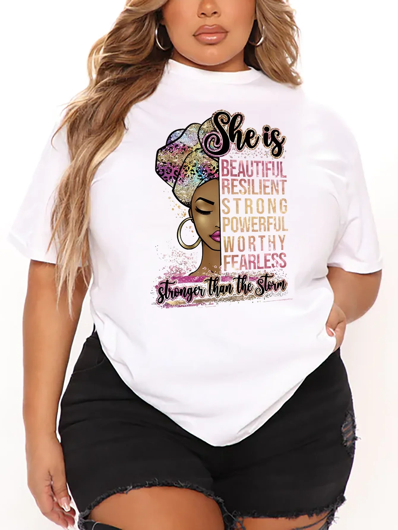 Summer Women\'s Casual Short-sleeved 7-color Round Neck T-shirt Printed Graphics Headshot Letters SHEIS Plus Size Women\'s T-shirt