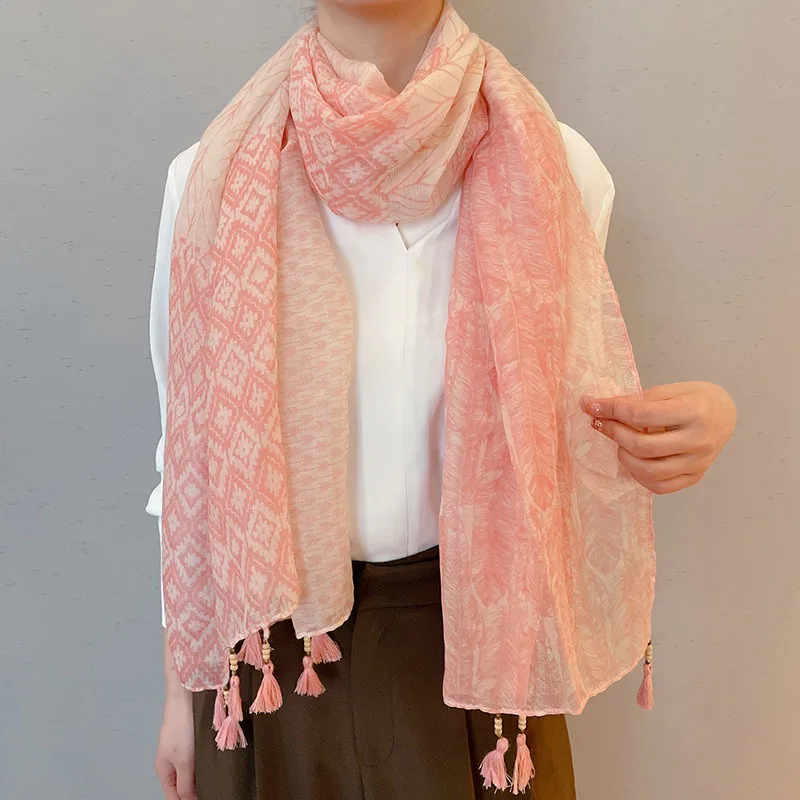 

Bohemian Linen Shawl Handmade Wood Bead Travel Sun Protection Scarf