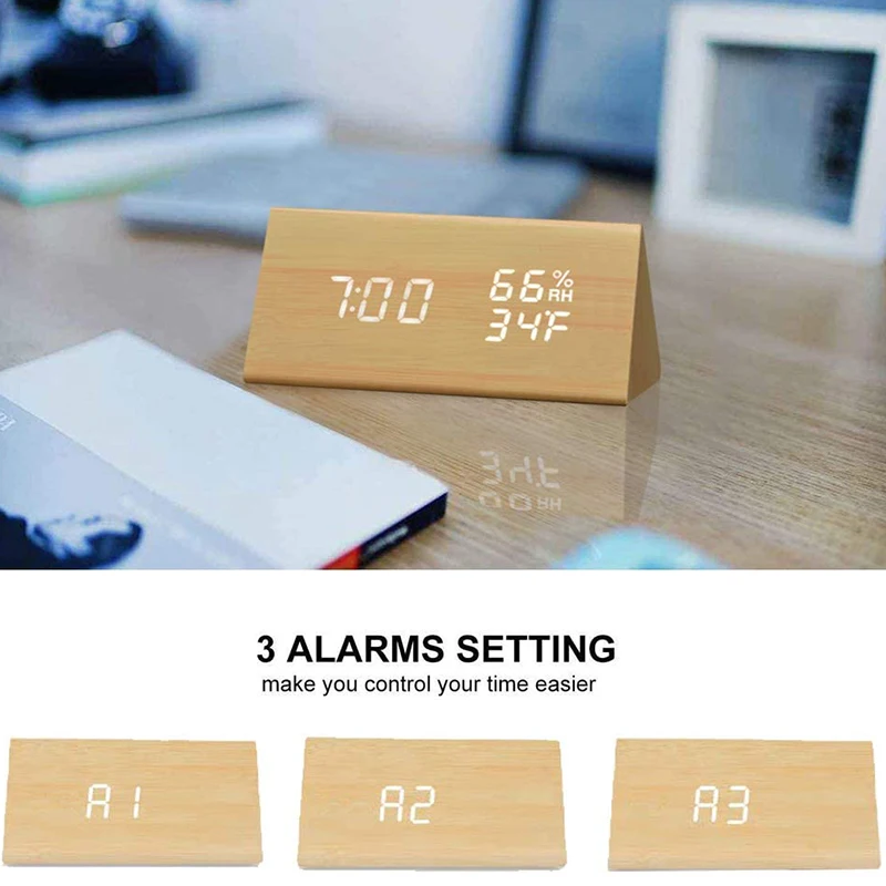 Reloj despertador Digital con pantalla LED electrónica de madera, 3 configuraciones de alarma, detección de humedad y temperatura