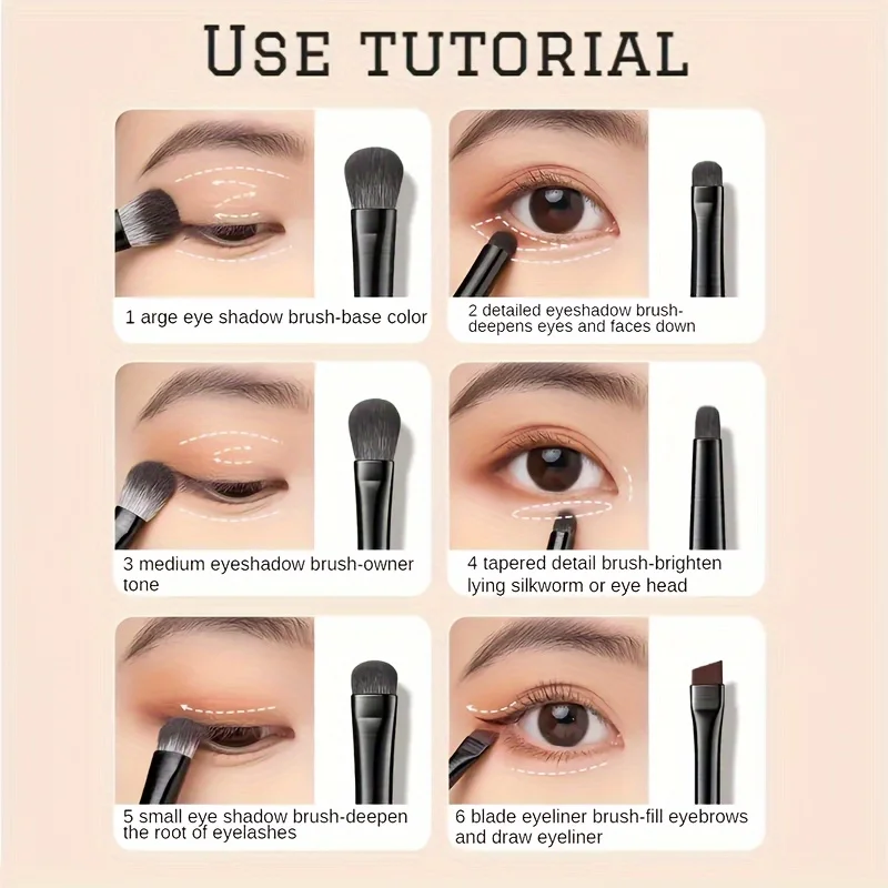 Un set di 6 pennelli per trucco occhi, ombretto delicatamente raffigurante, eyeliner, colorante halo, correttore, linea per ciglia smussate e inferiori
