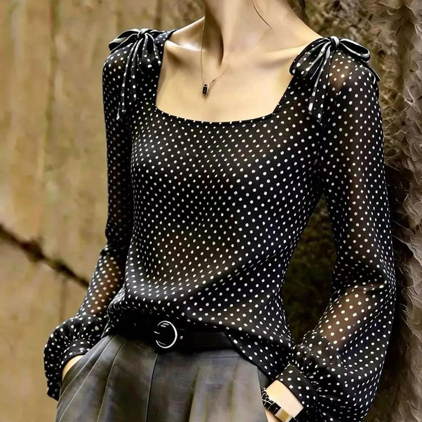 Early Autumn Vintage Black Polka Dot Square Collar Semi-Transparent Chiffon Shirt Double Shoulder  Knot Slimming Long
