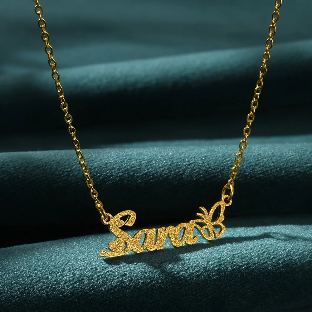 Colar personalizado coroa nome fosco para mulheres, aço inoxidável borboleta fita colar, presente personalizado da jóia, cor do ouro