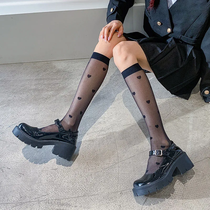 Korean JK School Black White Socks For Women Sexy Girls Heart Print Socks College Style Fishnet Stockings Knee High Stockings