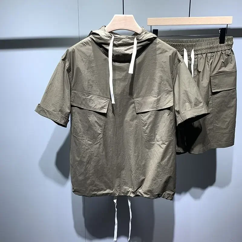 

Summer Men's Athletic Short Sleeves Solid Sport Outfit Pocket Drawstring Hooded Casual Thin Short Sleeve Shirt&outdoor Shorts