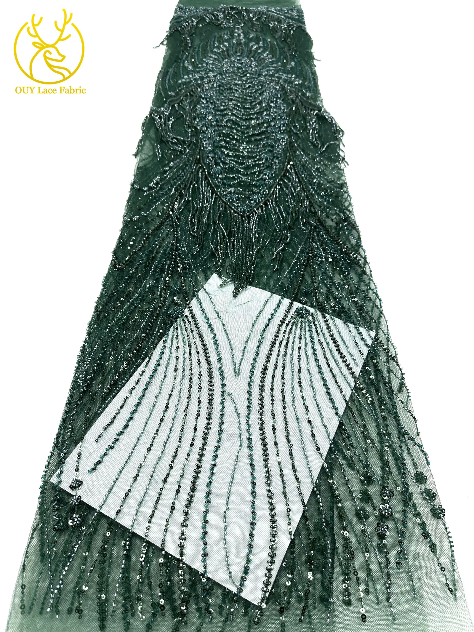 Grüner neuer Design-Tüllstoff mit afrikanischen 3D-Perlen, hochwertiger französischer Pailletten-Tüllstoff für Hochzeitskleider zum Nähen – Detail 17