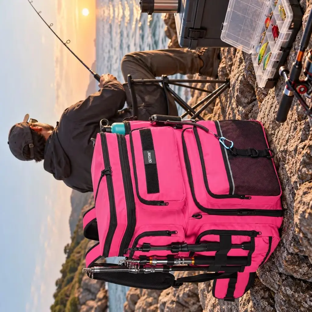 Waterproof Fishing Tackle Backpack with Insulated Cooler,3 Rod Tie-Down Belts with Rain Cover for Outdoor Camping Hunting