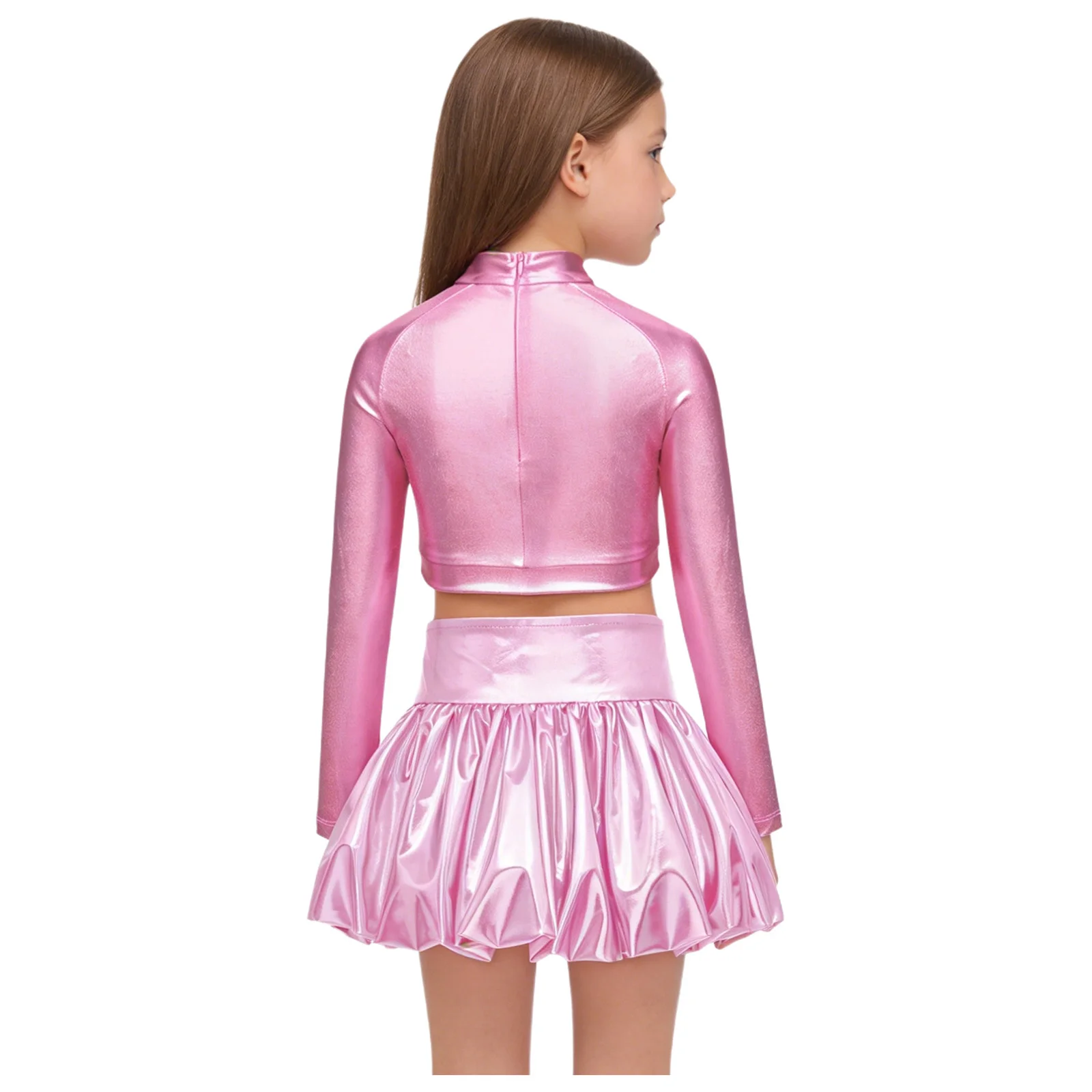 Kids Girls Metallic Shiny Disco Jazz Hip Hop Dance Outfit Cheerleading Costume Long Sleeve Sequins Crop Top with Bubble Skirt