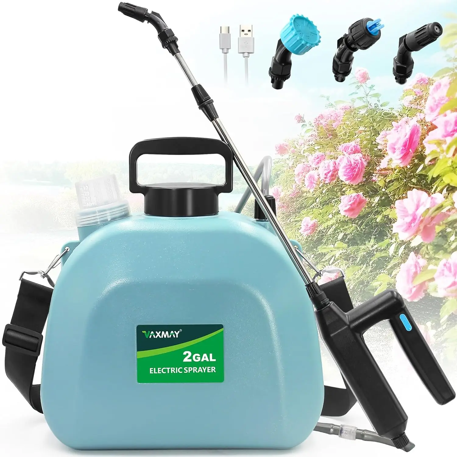 

Battery Powered Sprayer 2 Gallon Upgrade Powerful Electric Sprayer with 3 Mist Nozzles Rechargeable Handle Retractable Wand