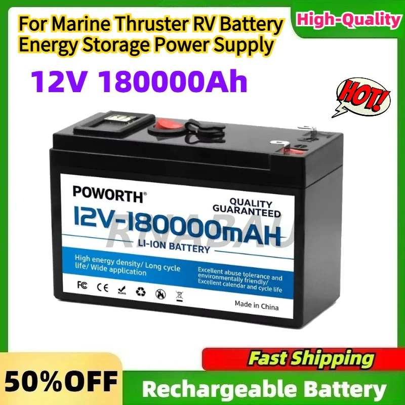 High-Capacity 12V 180Ah Lithium Battery with Switch+Power Display for Marine Thruster RV Battery Energy Storage Power Supply
