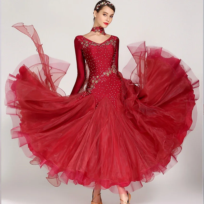 Standard Ballroom Dance Dresses of High Quality Long Sleeve Flamenco Dancing Skirt Women Cheap Stage Waltz Ballroom Dress