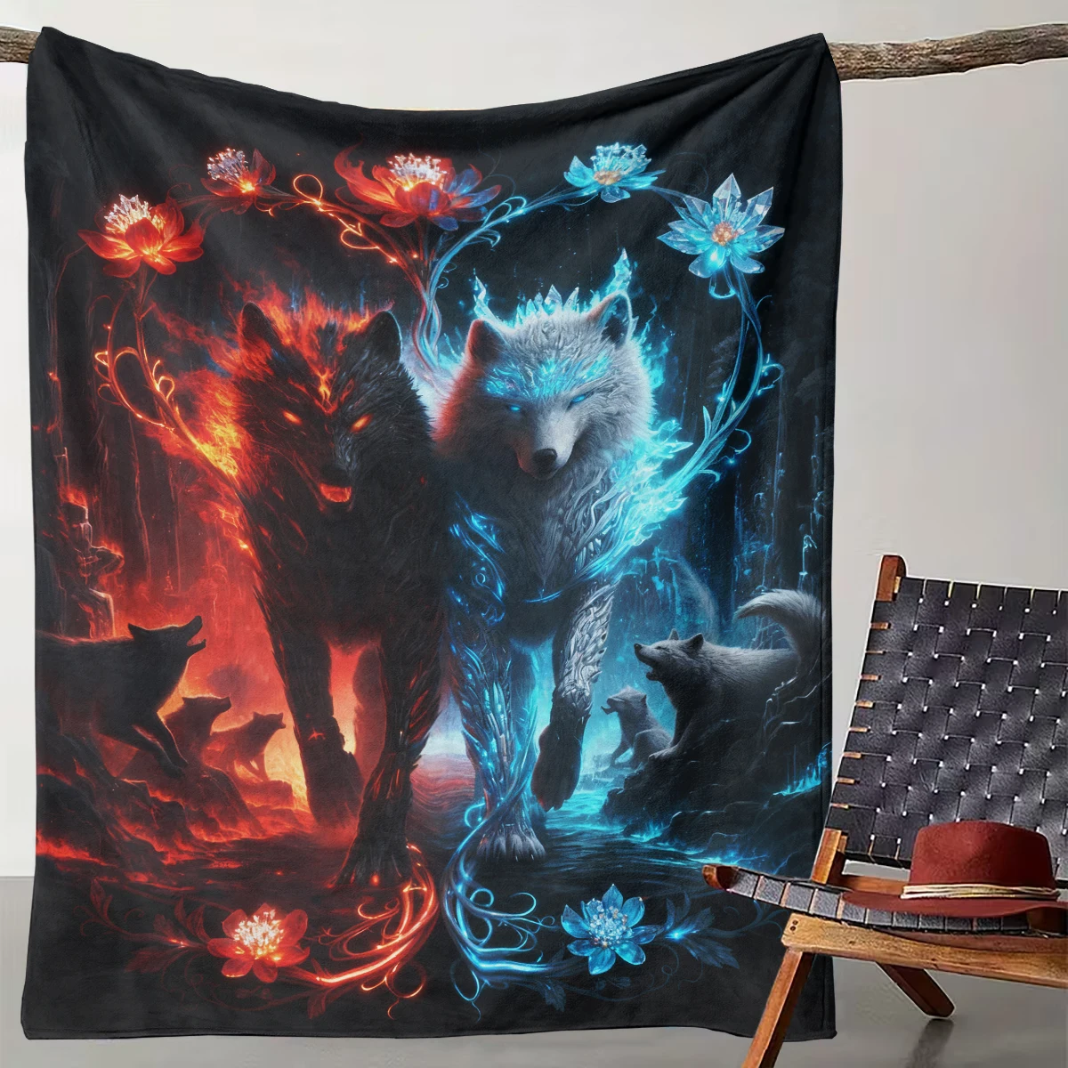 

1 Ice Fire Double Wolf Magic Flower Blanket Opposing Aesthetic Art Home Decoration Blanket